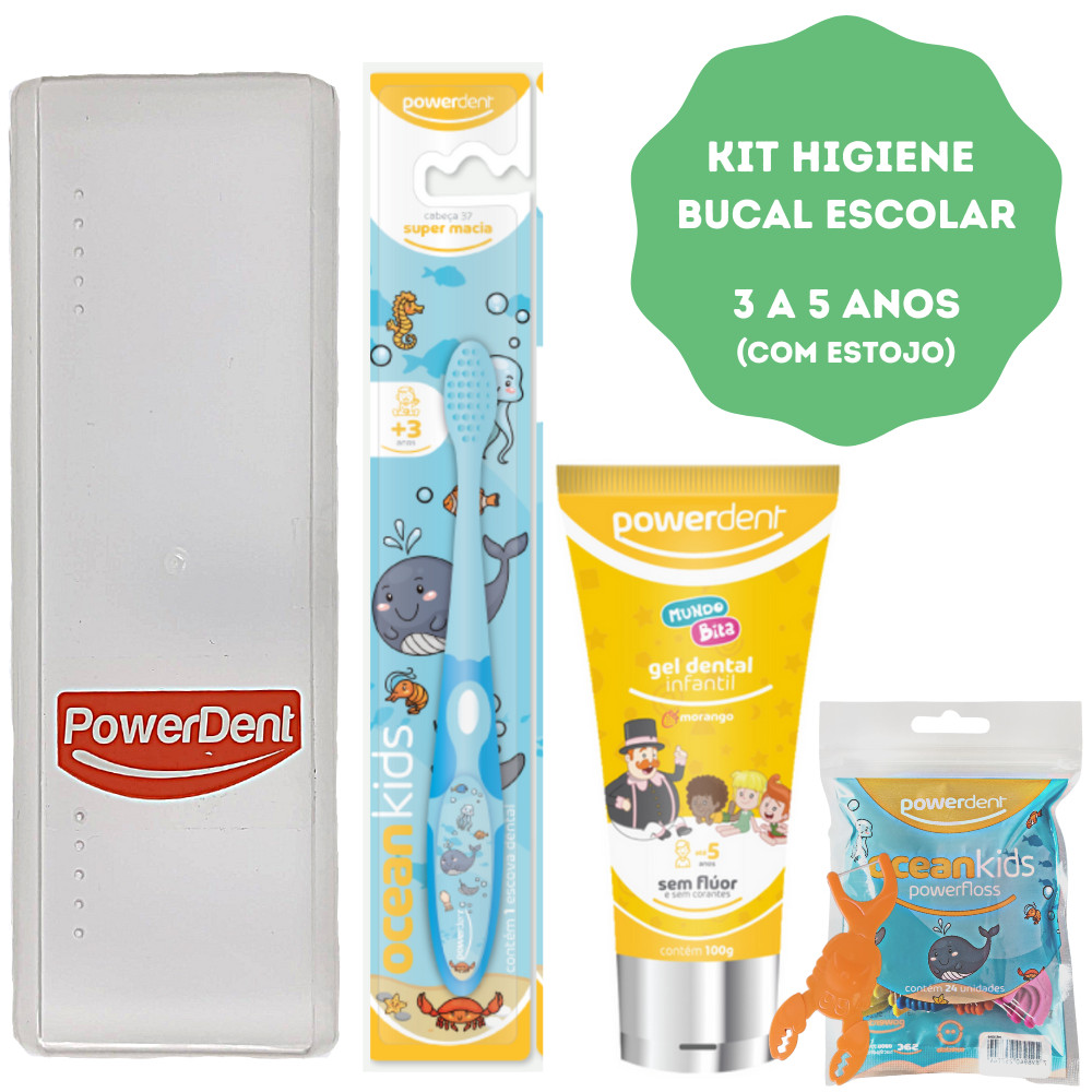 Kit higiene bucal infantil 3 a 5 anos com estojo, escova super macia, gel dental sem flúor e fio dental  com haste