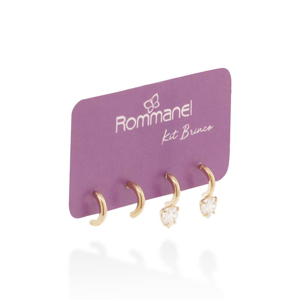 Kit brinco meia argola com zircônias coração banhado a ouro 18k 527527
