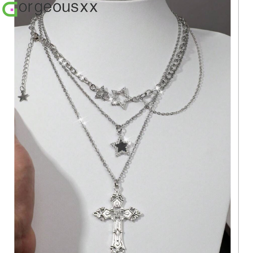 [Gorgeousxx] Y2K Punk Black Star Cross Pingente Colares Em Camadas Para Mulheres Joias Da Moda
