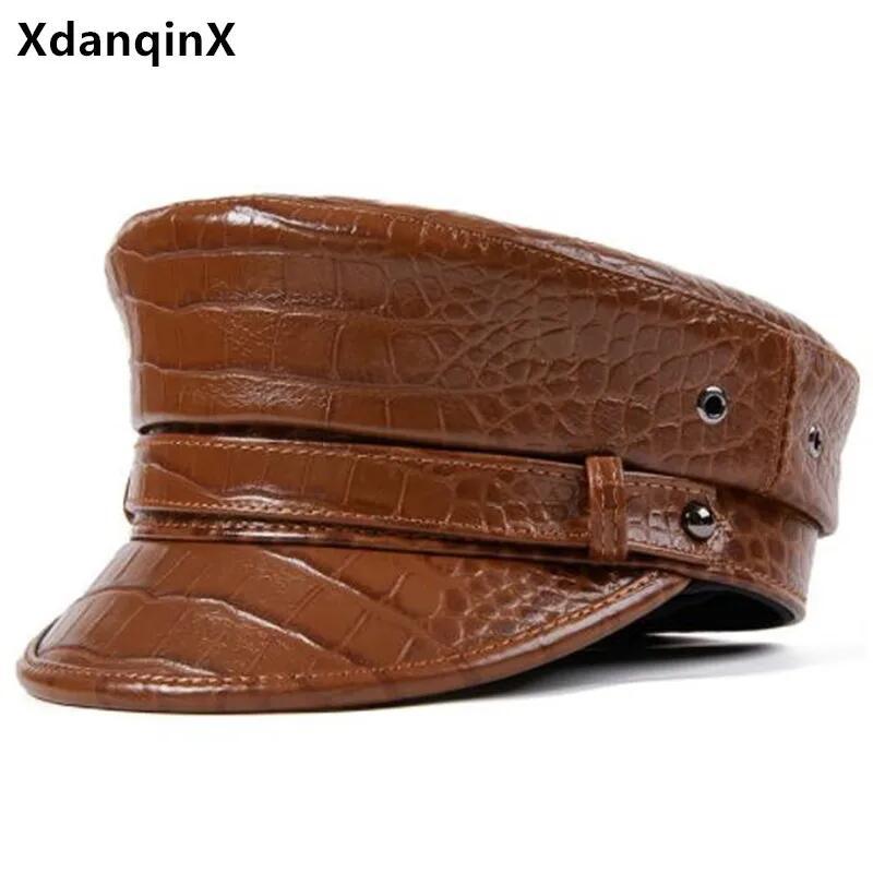 Chapéu de Couro Natural com Estampa de Crocodilo, Estilo Militar, para Primavera e Outono, Unissex, Boné Plano, Gorras,