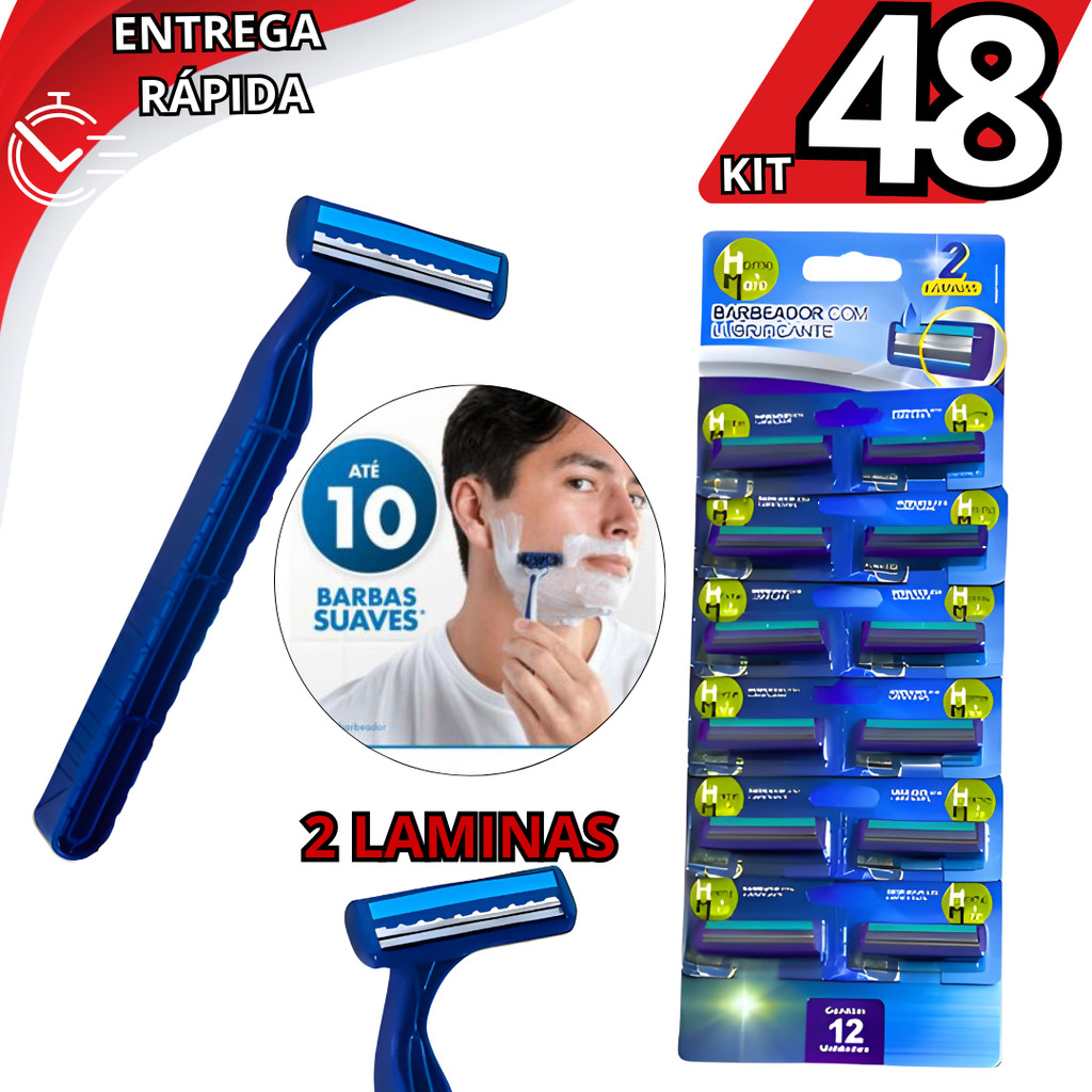 Kit 48 Prestobarba Aparelho De Barbear 2 Lâminas Com Fita Lubrificante Barbeador Descartável Premium
