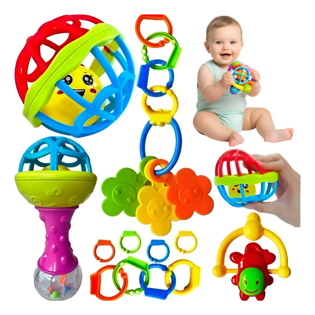 Chocalho Mordedor Bebê Kit 2 brinquedos Infantil Sensorial Colorido