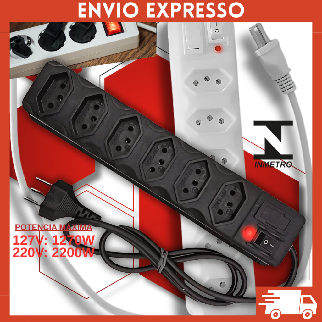 Filtro de Linha Elétrico 6 Tomadas Tripolar 10A Resistente com Fusível de Proteção
