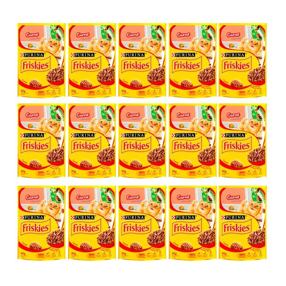 Kit 15 Ração Úmida para Gatos Friskies Adultos Sabor Carne ao Molho em Sachê 85g