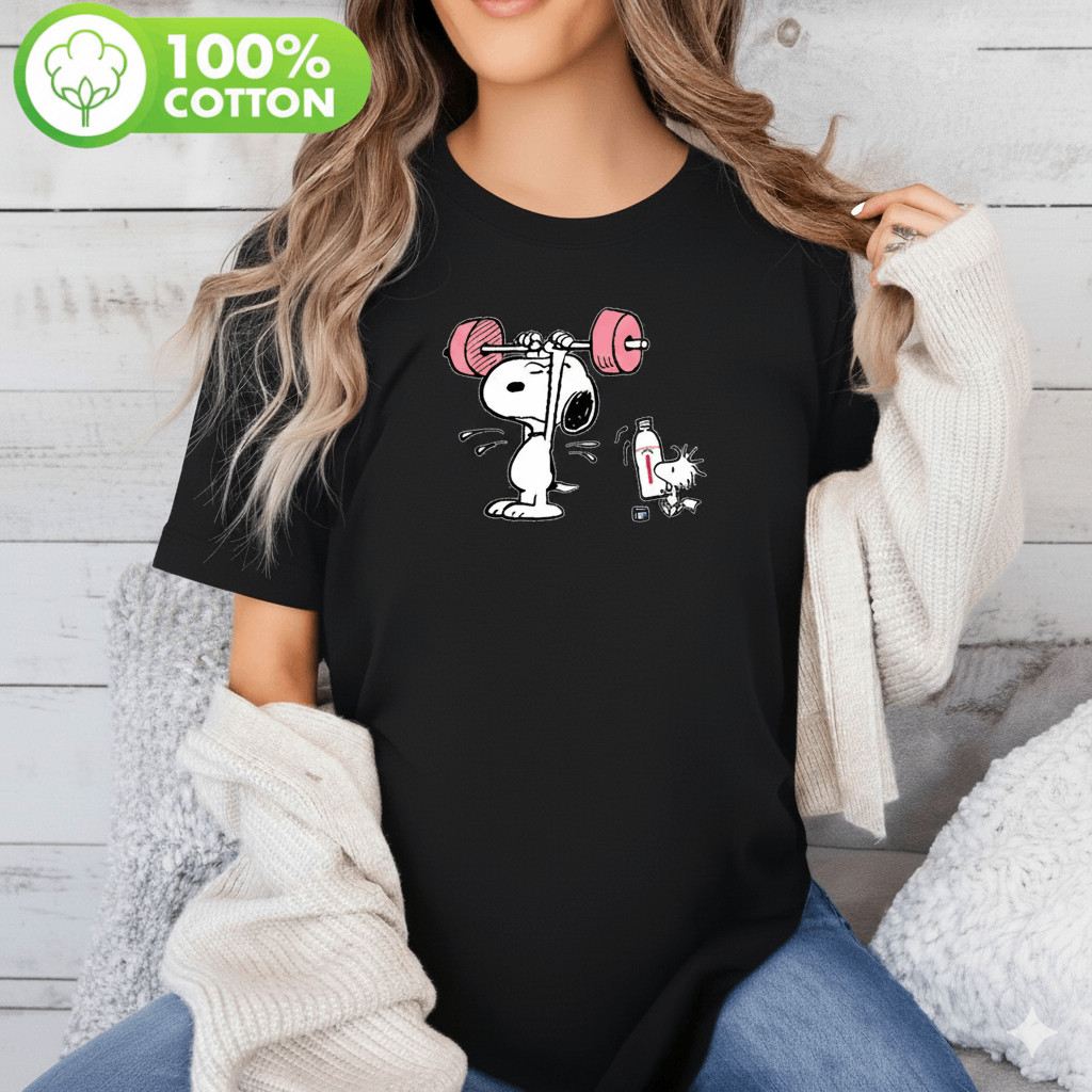 Camiseta Unissex Snoopy Halterofilismo Woodstock Academia Cartoon Engraçada Estampada Confortavel Divertida Fofa Casual