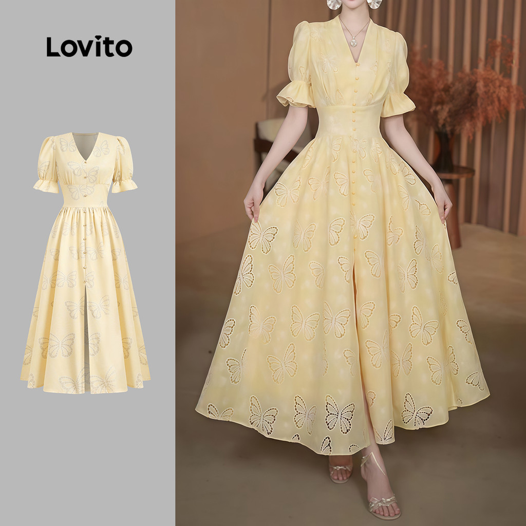 Lovito Vestido Elegante de Alface com Acabamento em Fivela de Metal Primavera/verão Vestido amarelo L154ED1117 em Oferta na Shopee