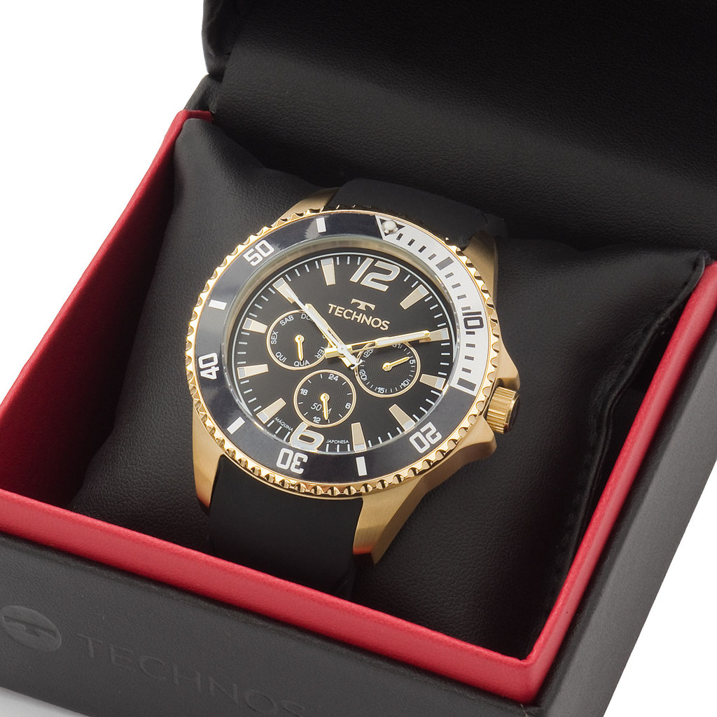 Relógio Masculino Technos Preto Borracha Esportivo Dourado 6P29ALF/2P
