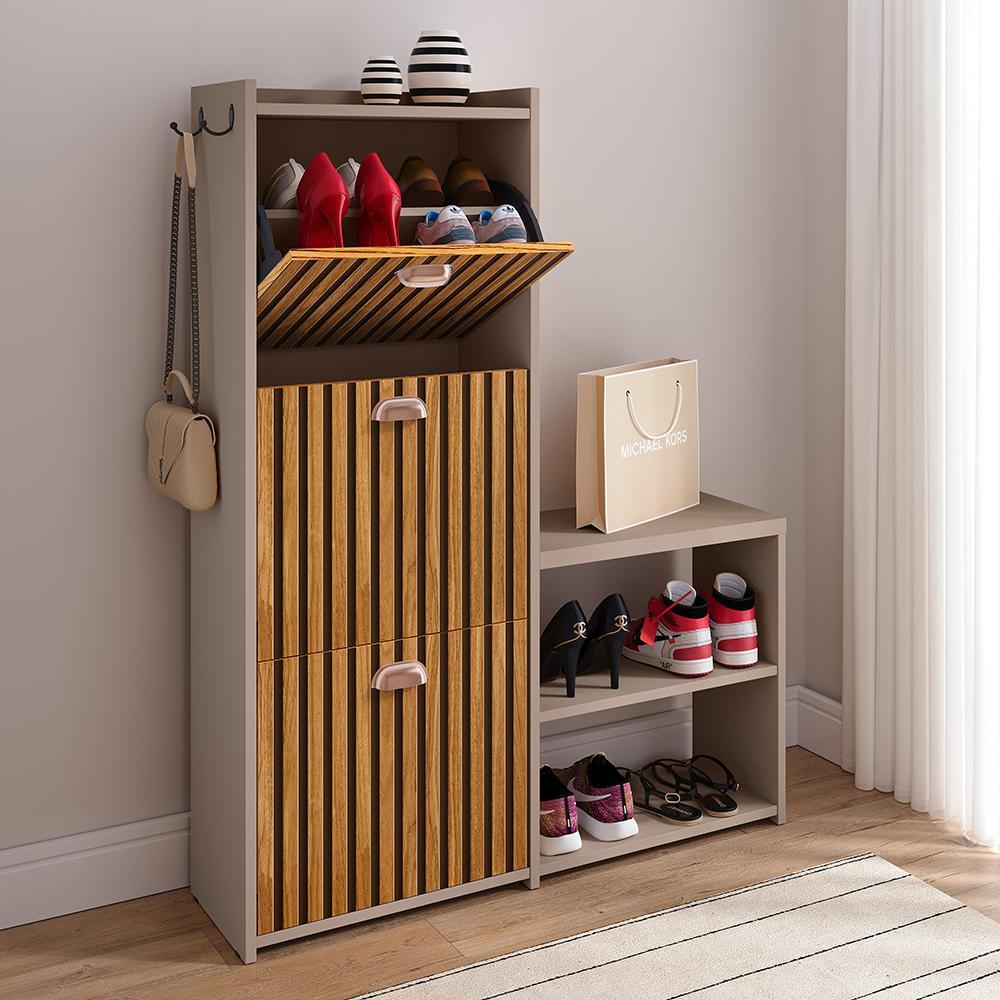 Sapateira 3 Portas Basculantes Banquinho Prateleira Organizadora 18 Pares de Sapato Quarto Hall Closet Dakota