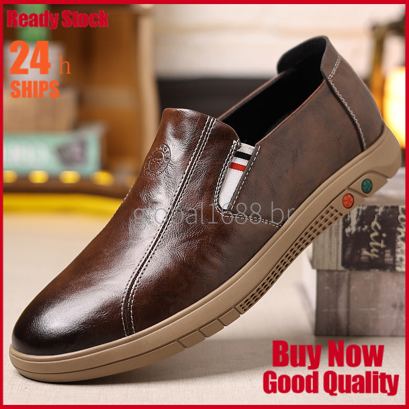 {PRONTO EM ESTOQUE} Sapatos Casuais Masculinos de Couro com Sola de Borracha de Couro Bovino de Duas Camadas, Slip-On, T
