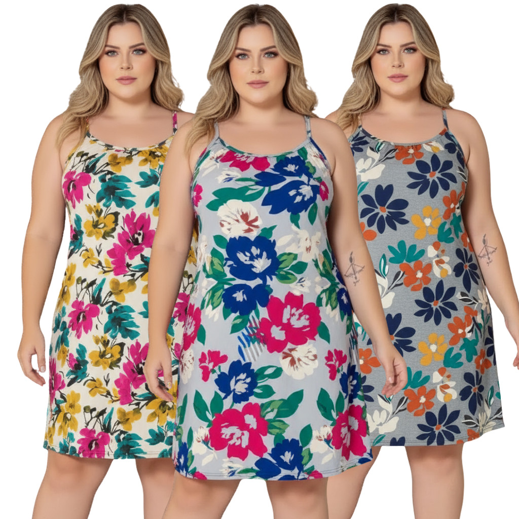 Kit 3 Vestidos Liganete Plus Alcinha  - Estampas Variadas em Oferta na Shopee