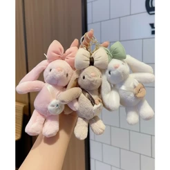 Chaveiro De Coelho Pelúcia C/ Orelha Comprida Laço Colorido Pingente Bolsa Mochila - Presente Kawaii