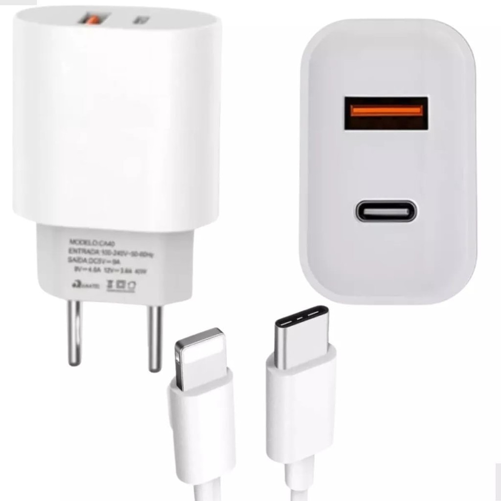 Kit Carregador Turbo 20w Fam 1 USB+1 Usb-C 3.0 + Cabo Lightning Compatível Para Iphone 6/7/8/XR/XS/11/12/13/14