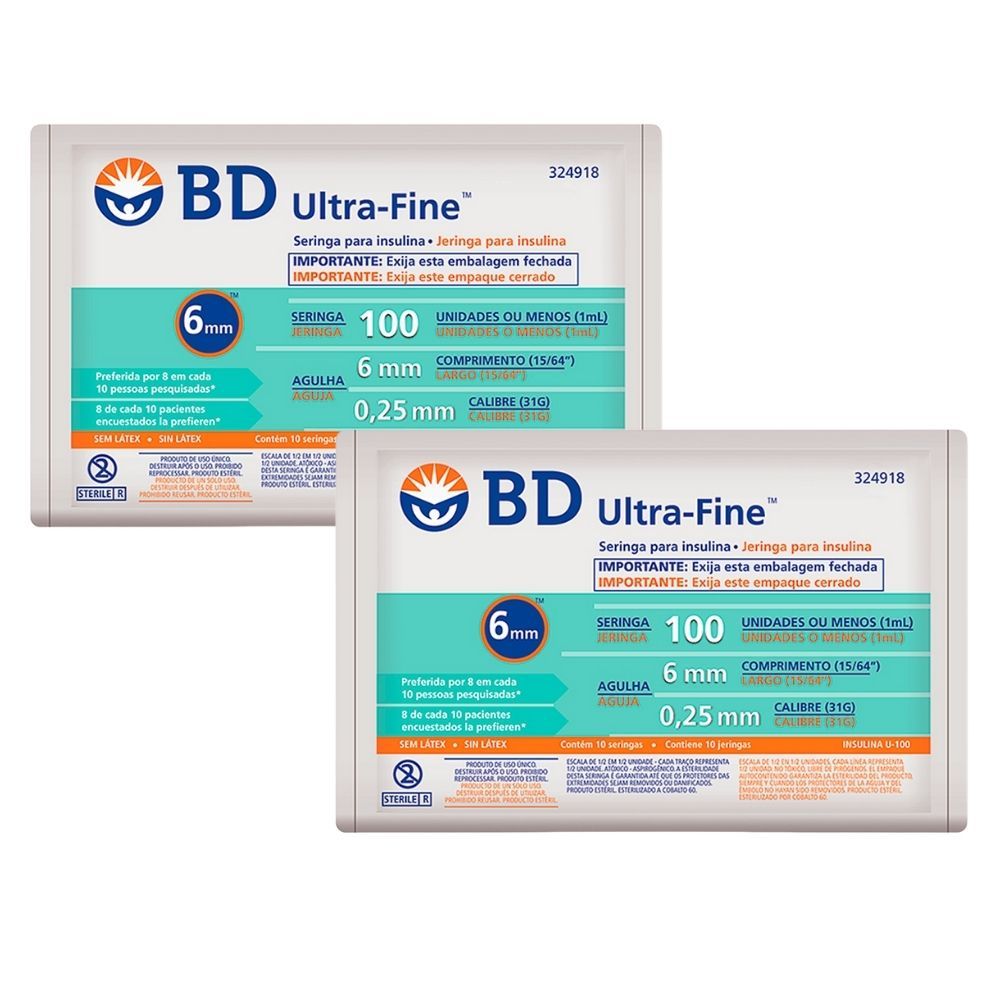 Kit 2 Seringa BD Ultra-Fine Insulina 100U Agulha Curta 6mm com 10 Unidades em Oferta na Shopee