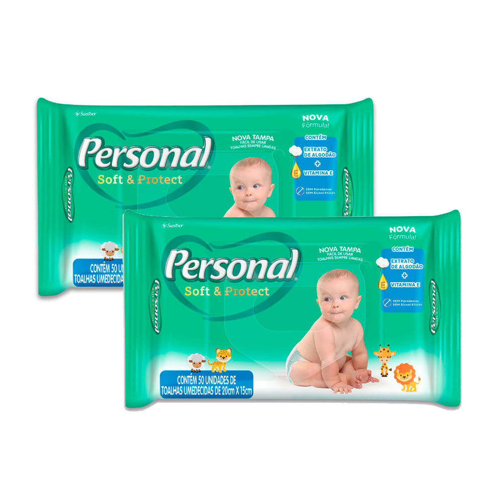 Kit 2 Lenços Umedecidos Personal Baby Soft & Protect com 50 Unidades