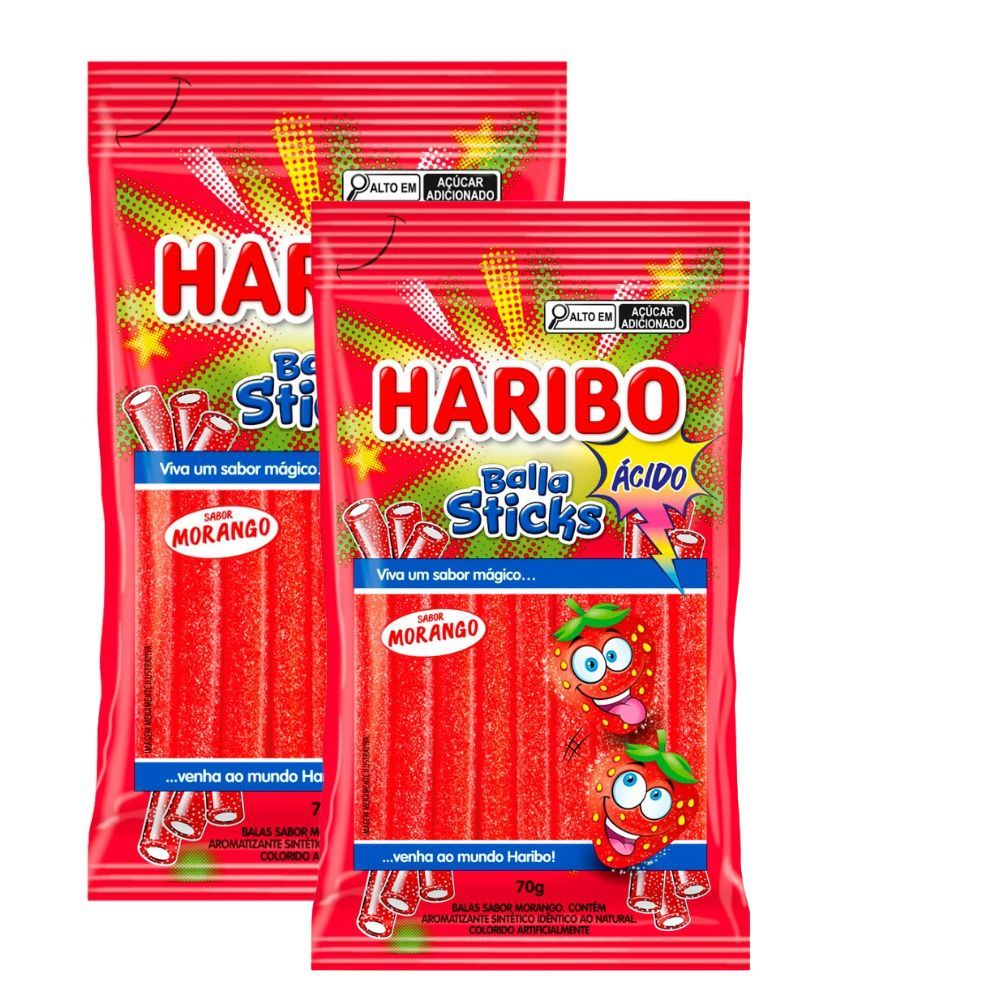 Kit 2 Balas Haribo Sticks Morango Ácido 70g em Oferta na Shopee