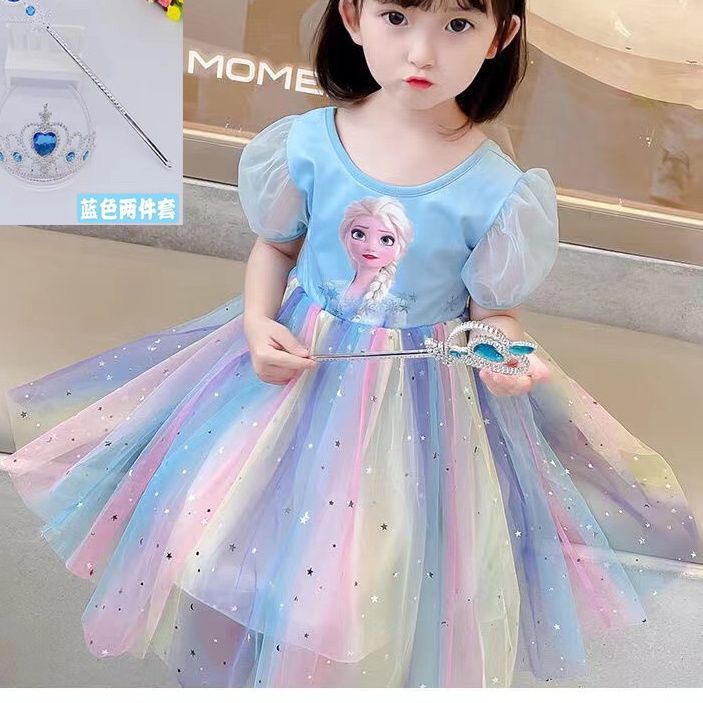 Crianças roupas meninas elsa vestido de princesa vestido de verão vestido congelado elsa crianças vestido arco-íris