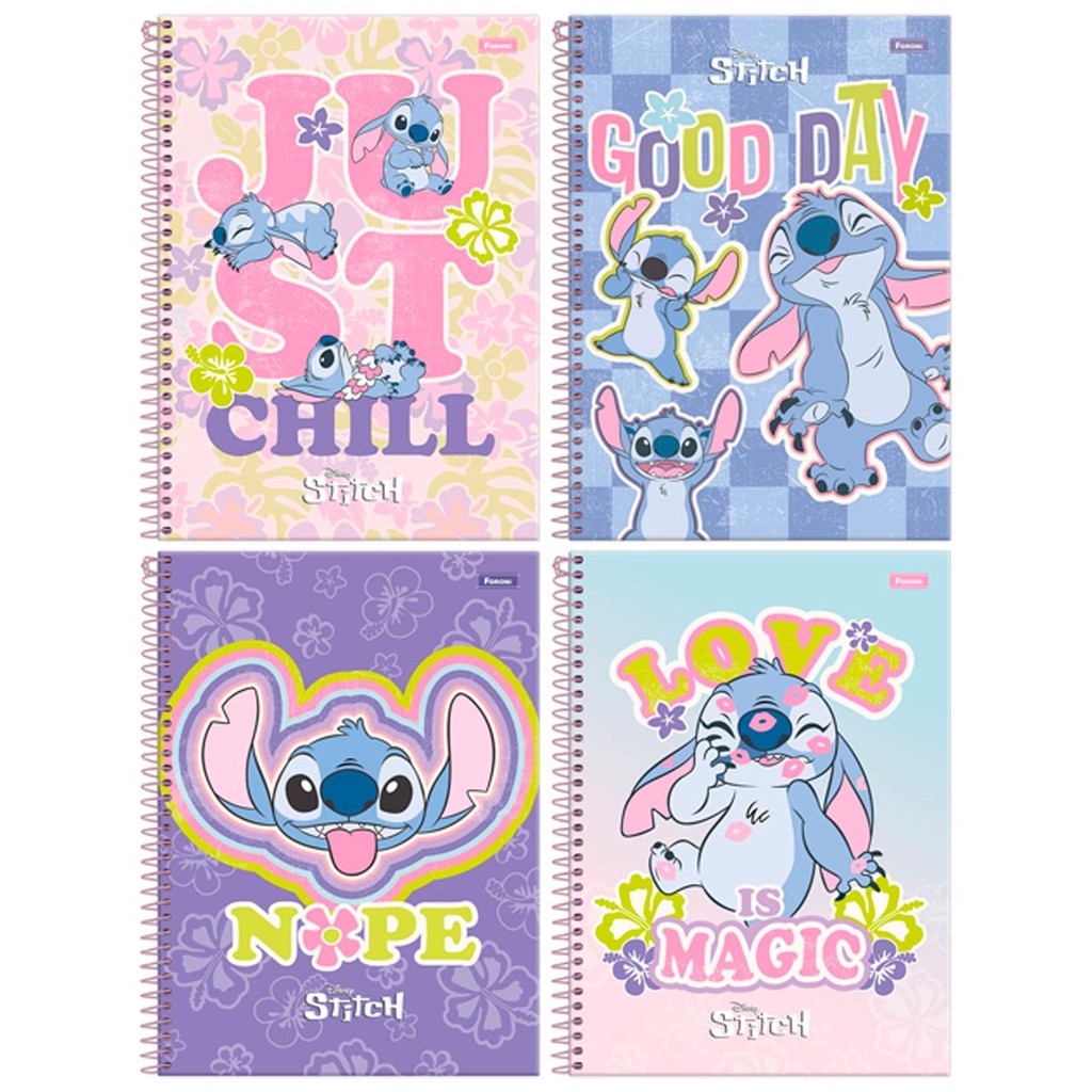Caderno 10 Matérias Lilo & Stitch Oficial Foroni Lançamento Escolar Capa Dura Com adesivos em Oferta na Shopee
