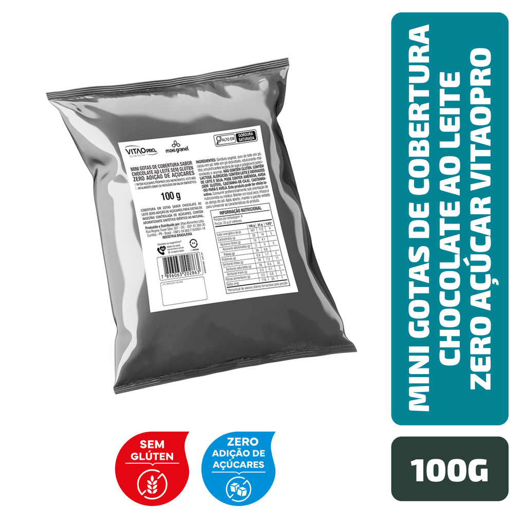 Mini Gotas de Cobertura sabor Chocolate Ao Leite Zero Açúcar Sem Glúten VitaoPRO 100g