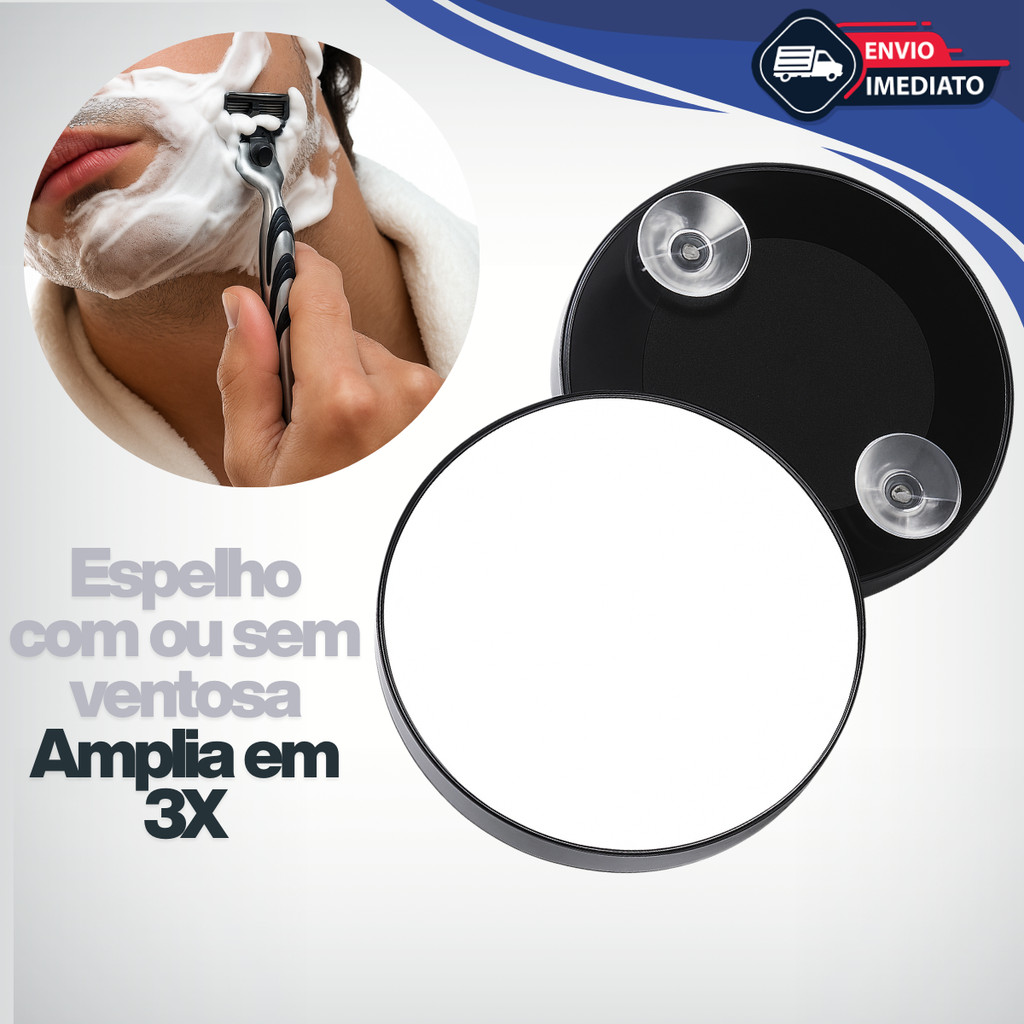Espelho Barbear Ventosa Box Banheiro 14cm Redondo Portátil Masculino Fazer Barba Homem