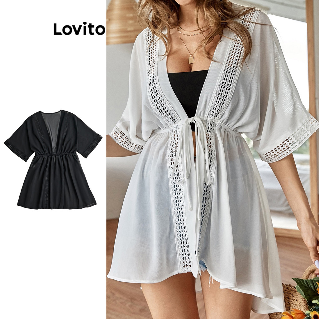 Lovito Roupa de Praia Feminina Lisa com Cadarço, Gola Babado, Contraste e Meia Manga Verão L48AD026 em Oferta na Shopee