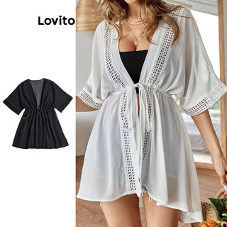 Lovito Férias Roupa de Praia Feminina Lisa com Cadarço Gola Babado Contraste e Meia Manga Verão Bordado L48AD026