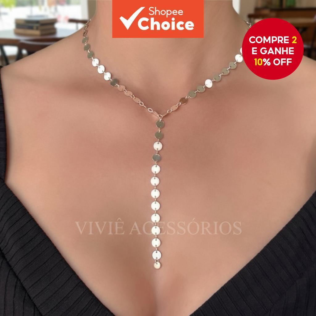 Colar artesanal feminino com várias camadas de lantejoulas em formato de disco redondo, com franjas e diamante em Oferta na Shopee