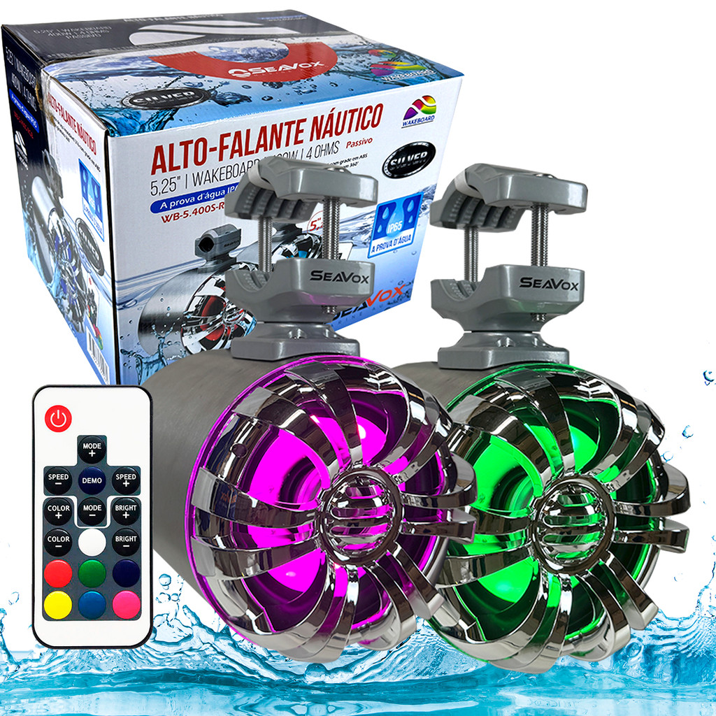 Par Caixa Torre Wakeboard Inox Rgb 5,25pol 400w Prova Dágua Marine Seavox Silver