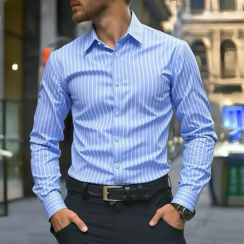 Camisa Masculina casual De Manga Comprida Listrada Azul E Branca De Negócios Mais Vendida , formal slim fit , Várias Cor