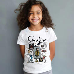 T-shirt Camiseta Premium CAMISETA INFANTIL DESENHO CORALINE,MODA CASUAL,FILME,DESENHO,FESTA,ANIVERSÁRIO Blusa Algodão Po