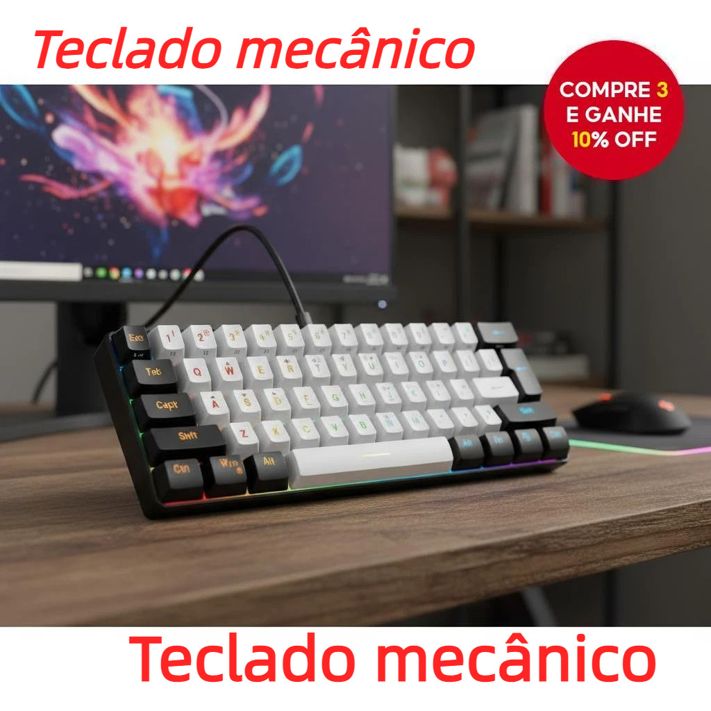 Teclado Mecânico Para Jogos De 61 Teclas Com Numérico RGB Backlighting Design Compacto Cabo USB-C Removível em Oferta na Shopee