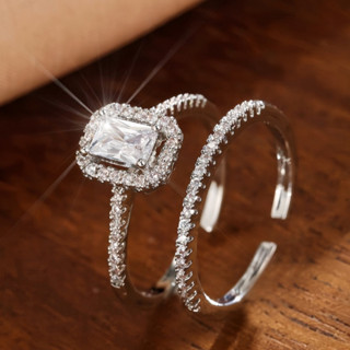 Kit com Dois Anéis Anel Solitário + Anel Aparador de Aliança Cravejado com Strass Banhado a Prata 925 ou ouro 18K em Oferta na Shopee