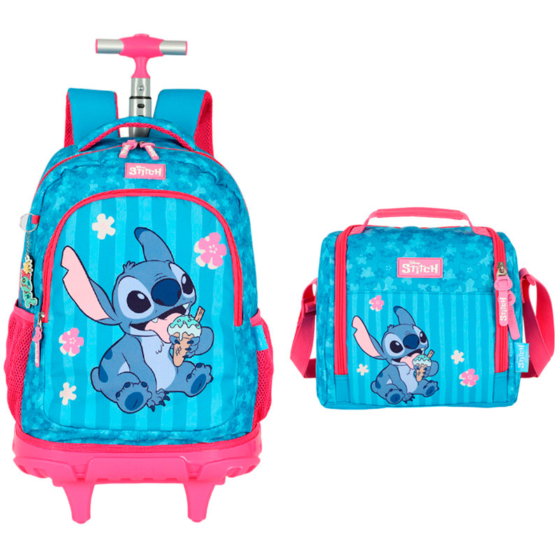 Kit mochila carrinho infantil 2 em 1 18" e lancheira térmica pink com chaveiro emborrachado Stitch Disney Up4You