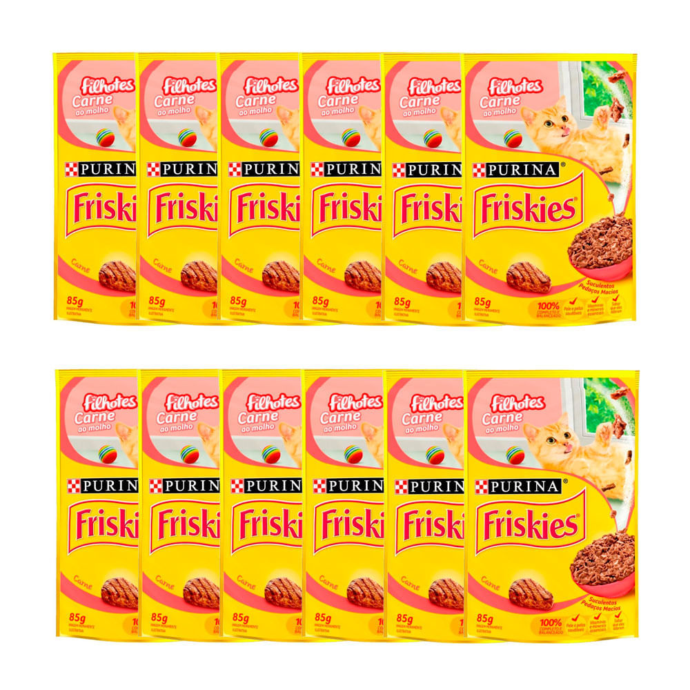 Kit 12 Ração Úmida para Gatos Friskies Filhotes Sabor Carne ao Molho em Sachê 85g em Oferta na Shopee