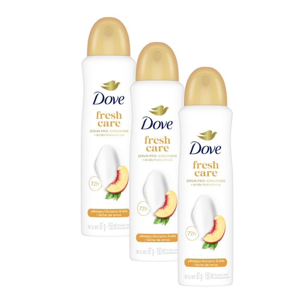 Kit 3 Antitranspirante Aerossol Dove Fresh Care Pêssego e Leite de Arroz 150ml em Oferta na Shopee