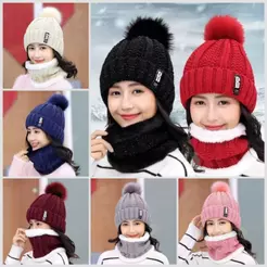 Touca com Pompom + Cachecol - KIT DE INVERNO