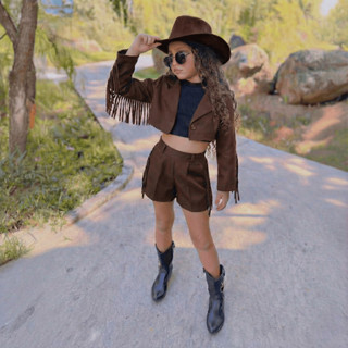 Conjunto Fantasia Boiadeira Menina Infantil Marrom Cropped Preto - Estilo Exclusivo Ana Castela em Oferta na Shopee