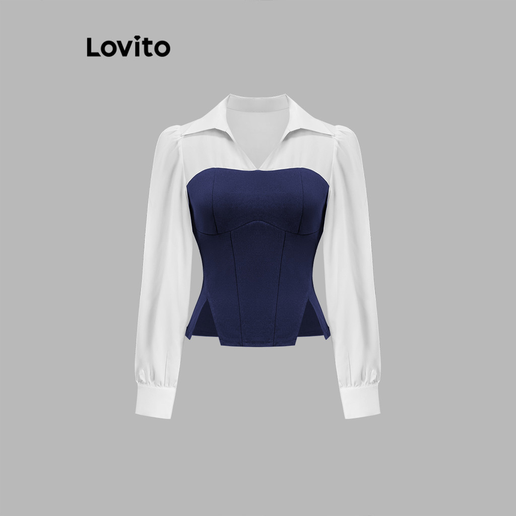 Lovito Blusa Casual Blusa Com Costura Em Tecido Liso Para Mulheres L110AD225 em Oferta na Shopee