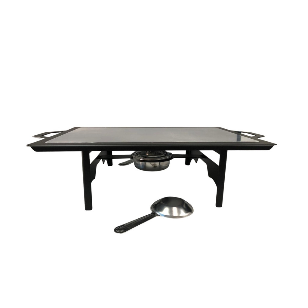RECHAUD RETANGULAR EM AÇO PRETO COM CHAPA DIFUSORA DE CALOR EM ALUMINIO 50CM x 28CM QUEIMADOR INOX CAPACIDADE 150 ML