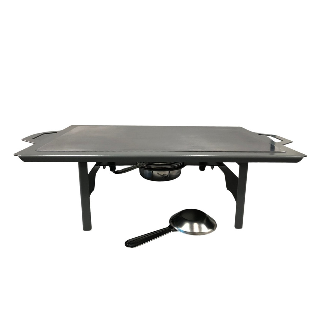 RECHAUD RETANGULAR EM AÇO CINZA COM CHAPA DIFUSORA DE CALOR EM ALUMINIO 50CM x 28CM QUEIMADOR INOX CAPACIDADE 150 ML