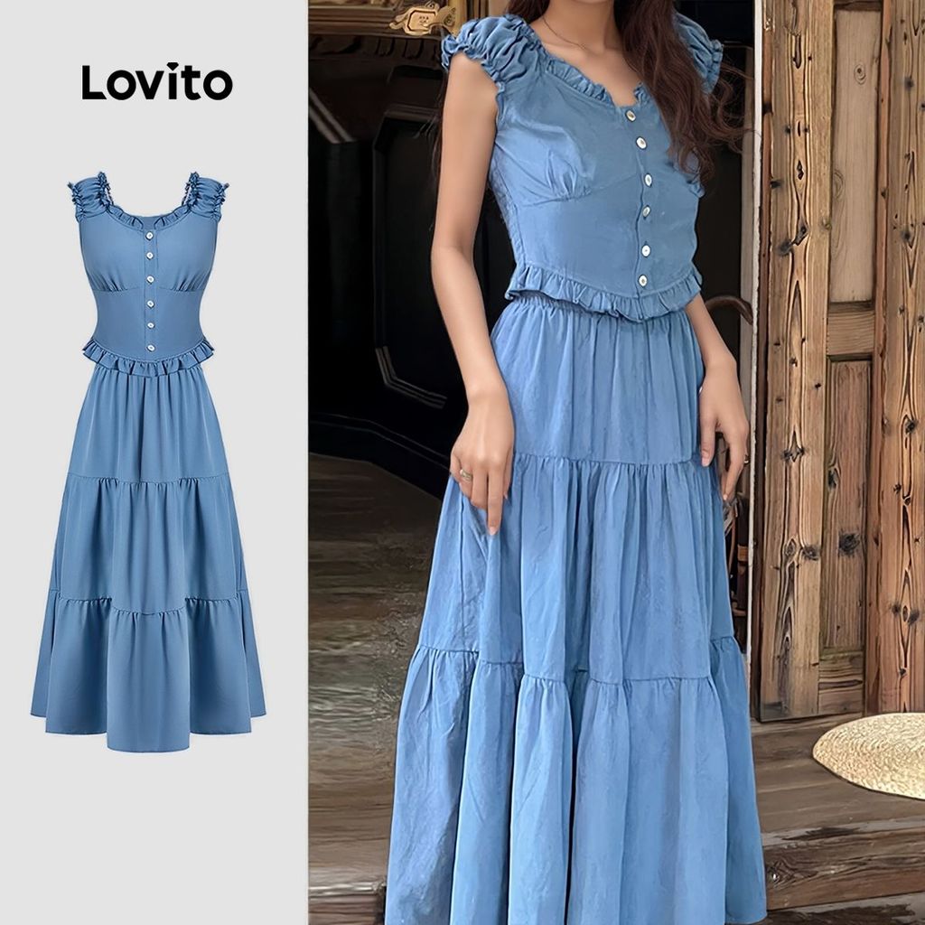 Lovito Blusa Ou Calça Azul Casual Com Babados E Toque Suave Para Todas As Estações Para Mulheres LBL26013 em Oferta na Shopee