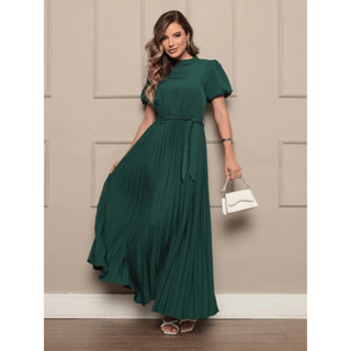 Vestido Longo Feminino Crepinho,Mangas Bufantes Cintura Marcada E Saia Plissada - Elegância E Charme Ocasiões Especiais em Oferta na Shopee