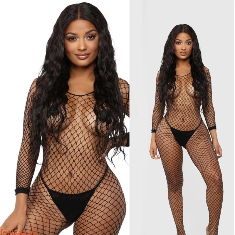 feelsaz Bodystocking Feminino Arrastão Comprida Malha Meia-Calça Roupa Dormir Lingerie Macacão