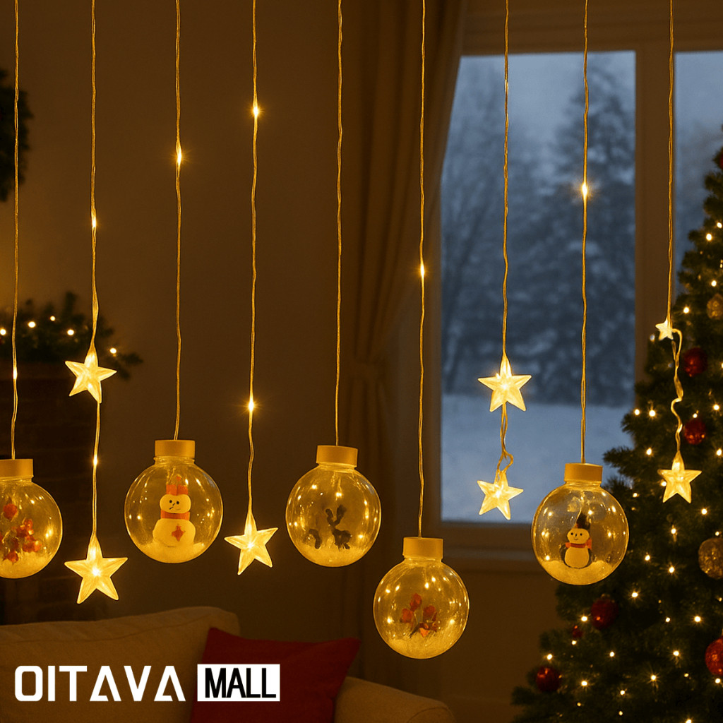Cordão Pisca Pisca Natal 3m LED Luz Quente Varal Bolinhas Decorativas 10 Pêndulos