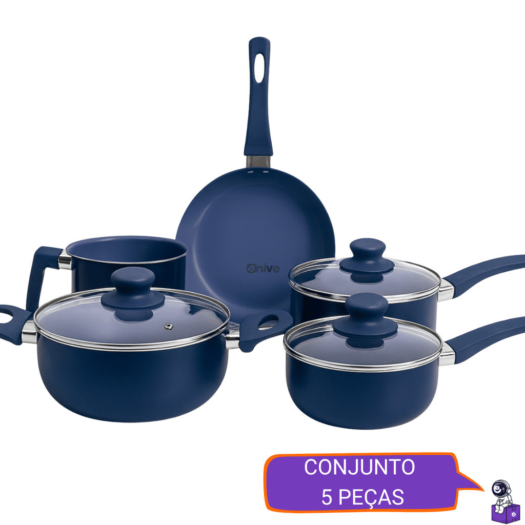 Conjunto 5 Panelas Azul Versalhes Antiaderente Cerâmico Alumínio Premium Soft Touch Indução