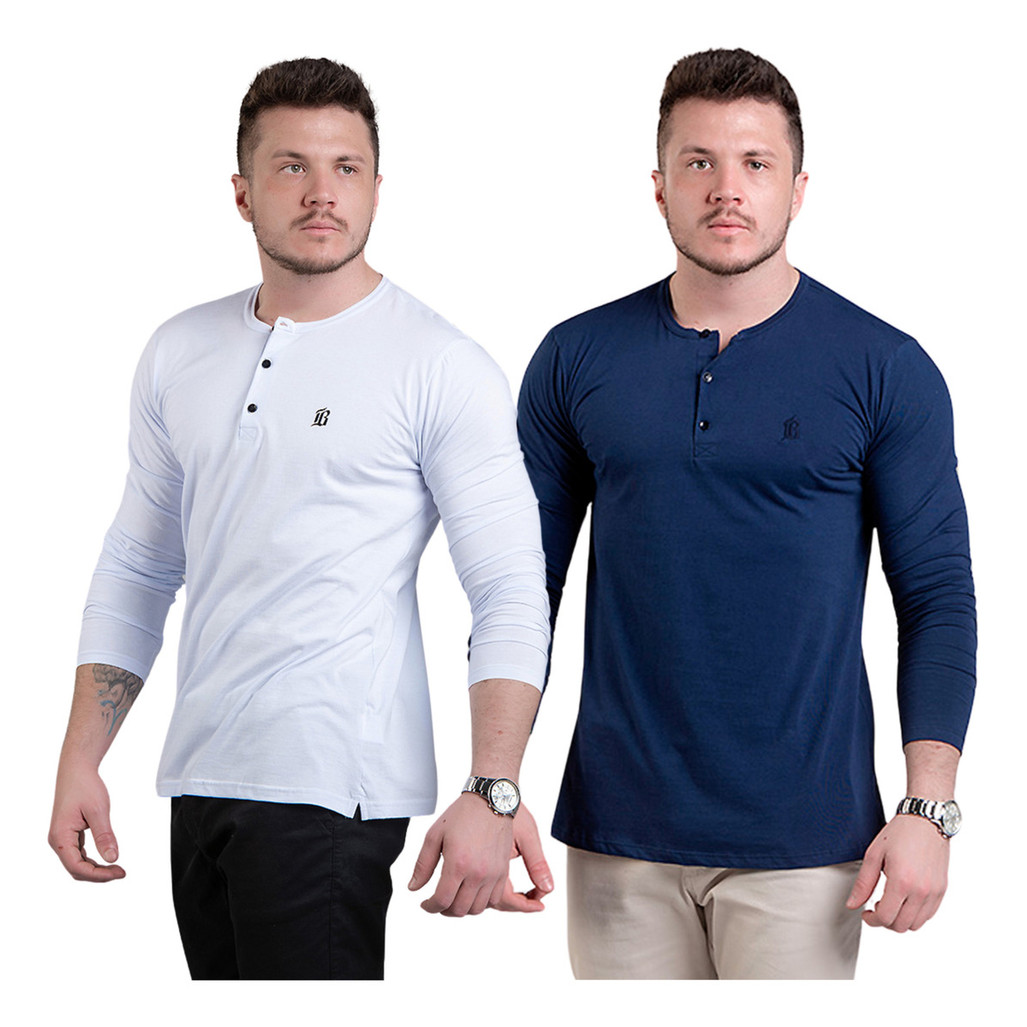 Kit 2 Camisetas Henley Algodão Lisa Slim Manga Longa Top