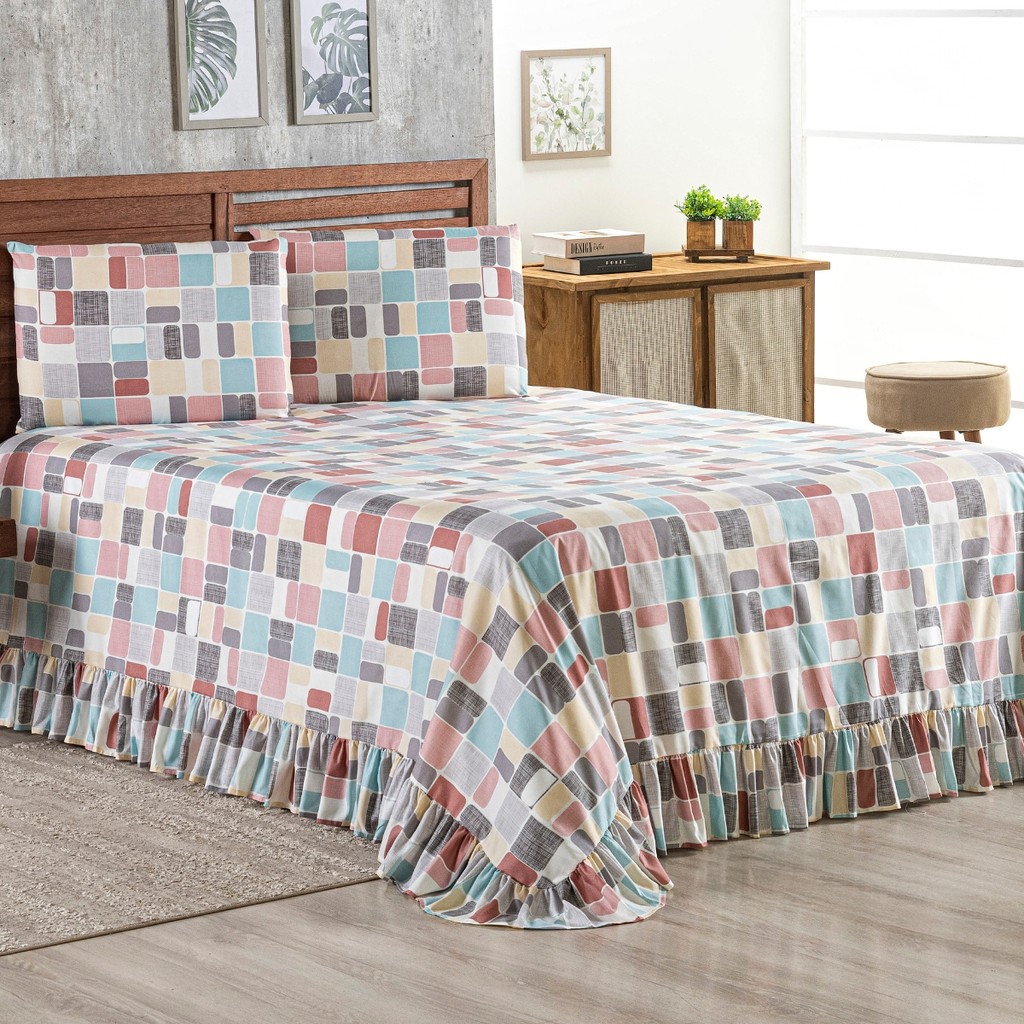 Cobre Leito 3 Peças 400 Fios Percal Com Babado Colcha Kit Porta Travesseiro Queen\Casal\Solteiro em Oferta na Shopee