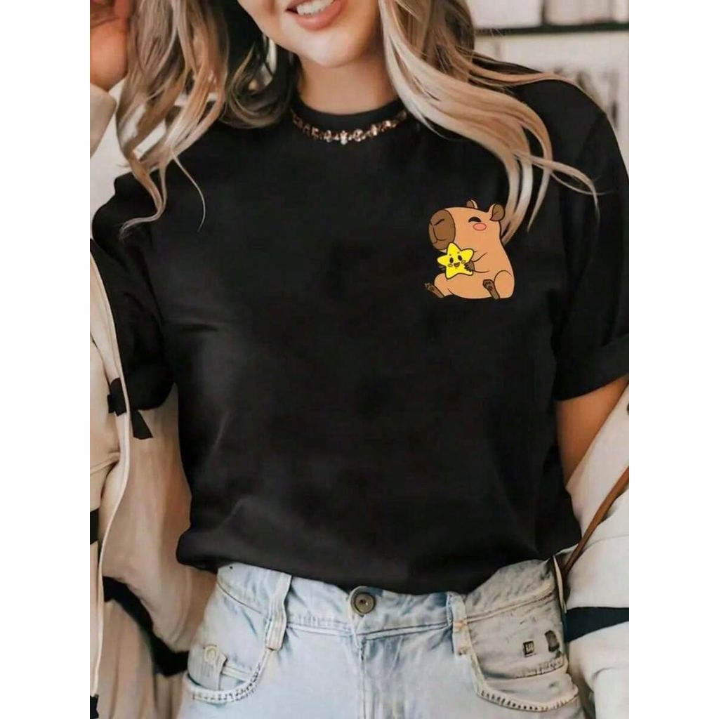 Camiseta Feminina Capivara Blusa Gola Redonda Malha PREMIUM 100% Algodao Estampada MODA EM ALTA