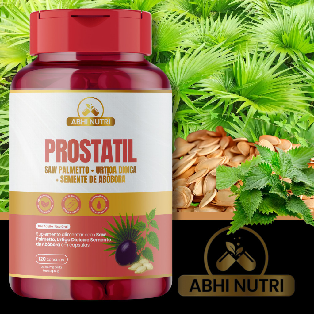 Prostatil+Saw Palmetto+Urtiga Dioica+Semente de Abóbora - 120 Cápsulas de 500 mg - Kits Com 1, 2 e 3 Frascos. ABHI Nutri