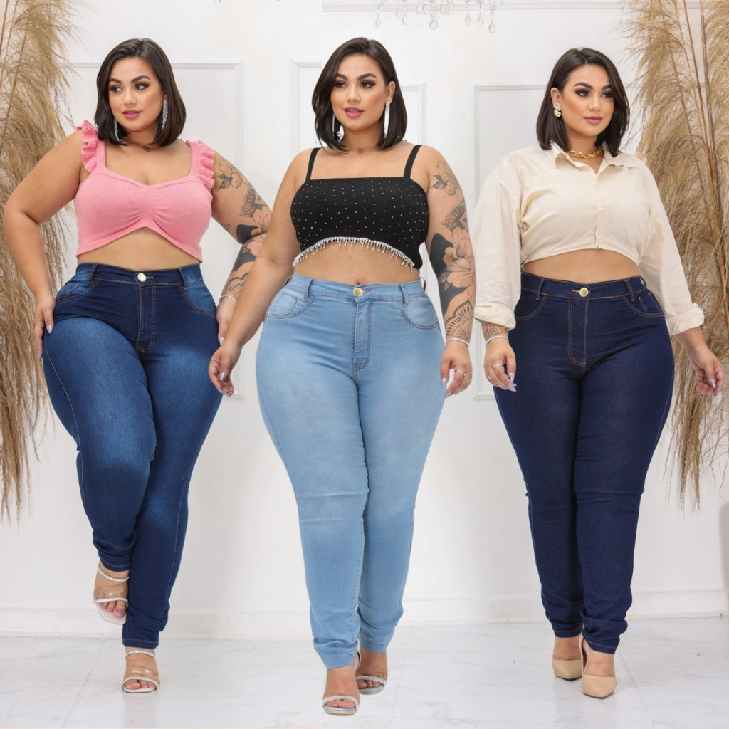 Kit 3 Calça Jeans Feminina Plus Size Skinny Com Lycra Cintura Alta Elastano Costura Reforçada