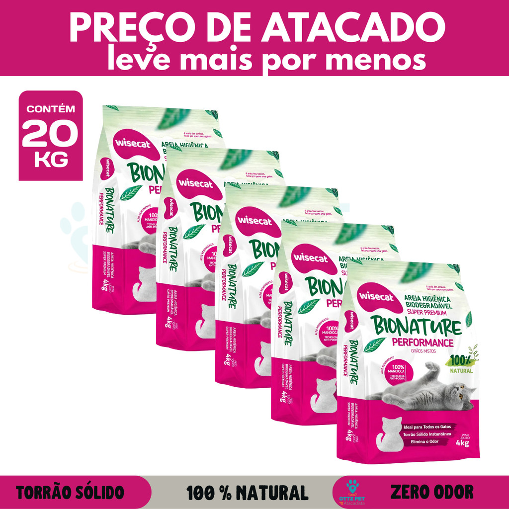 Kit Atacado Areia Higiênica Biodegradável Wisecat Bionature Performance – Grãos Mistos 20kg